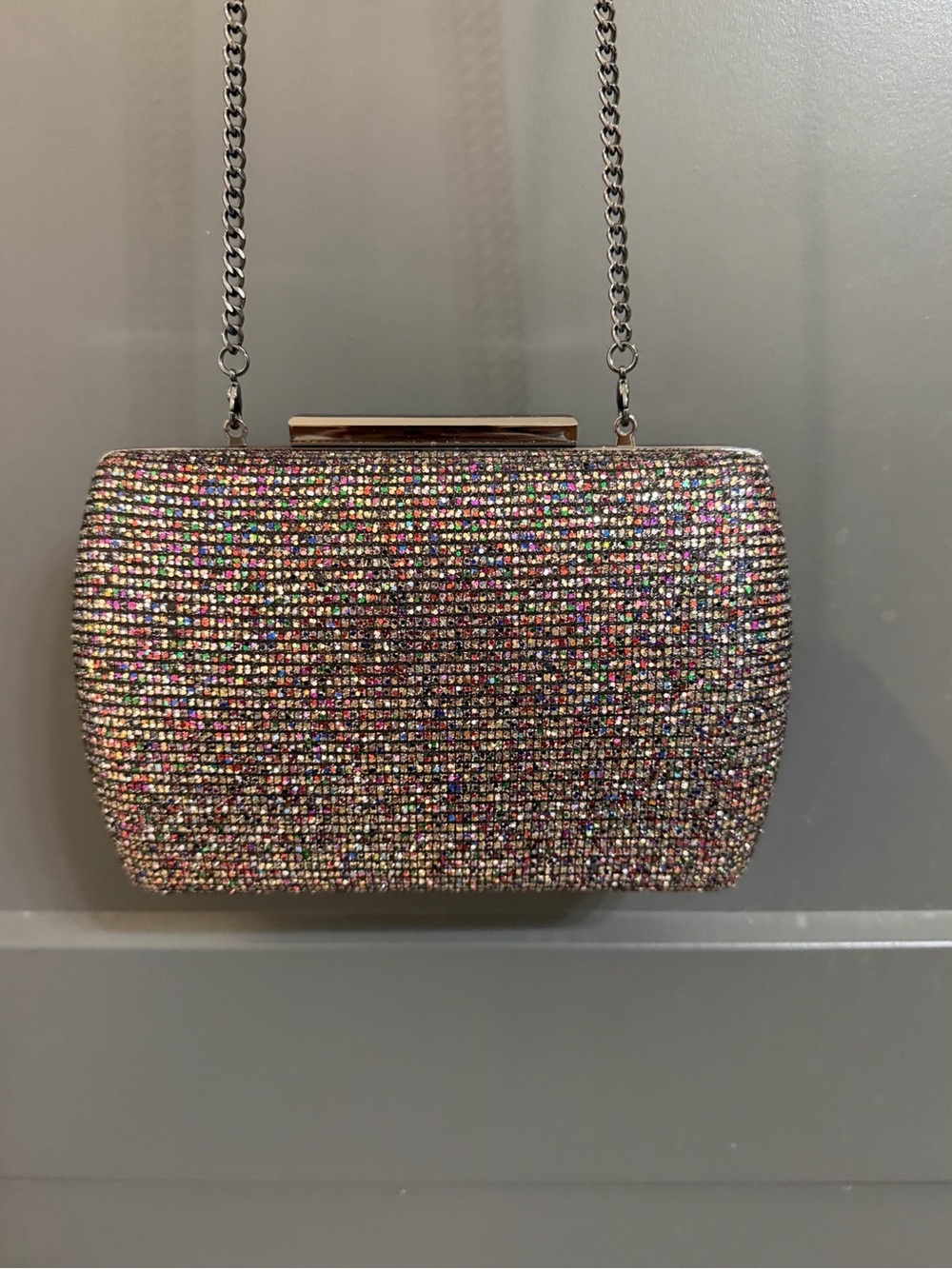 Nordstrom Multicolor Crystal Glitter Hard Shell Evening Clutch Disco Bag Chain